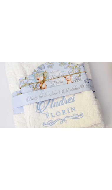 Trusou de botez cu eucalipt si ursuleti pe fundal bleu mint Little Blue Bear 23